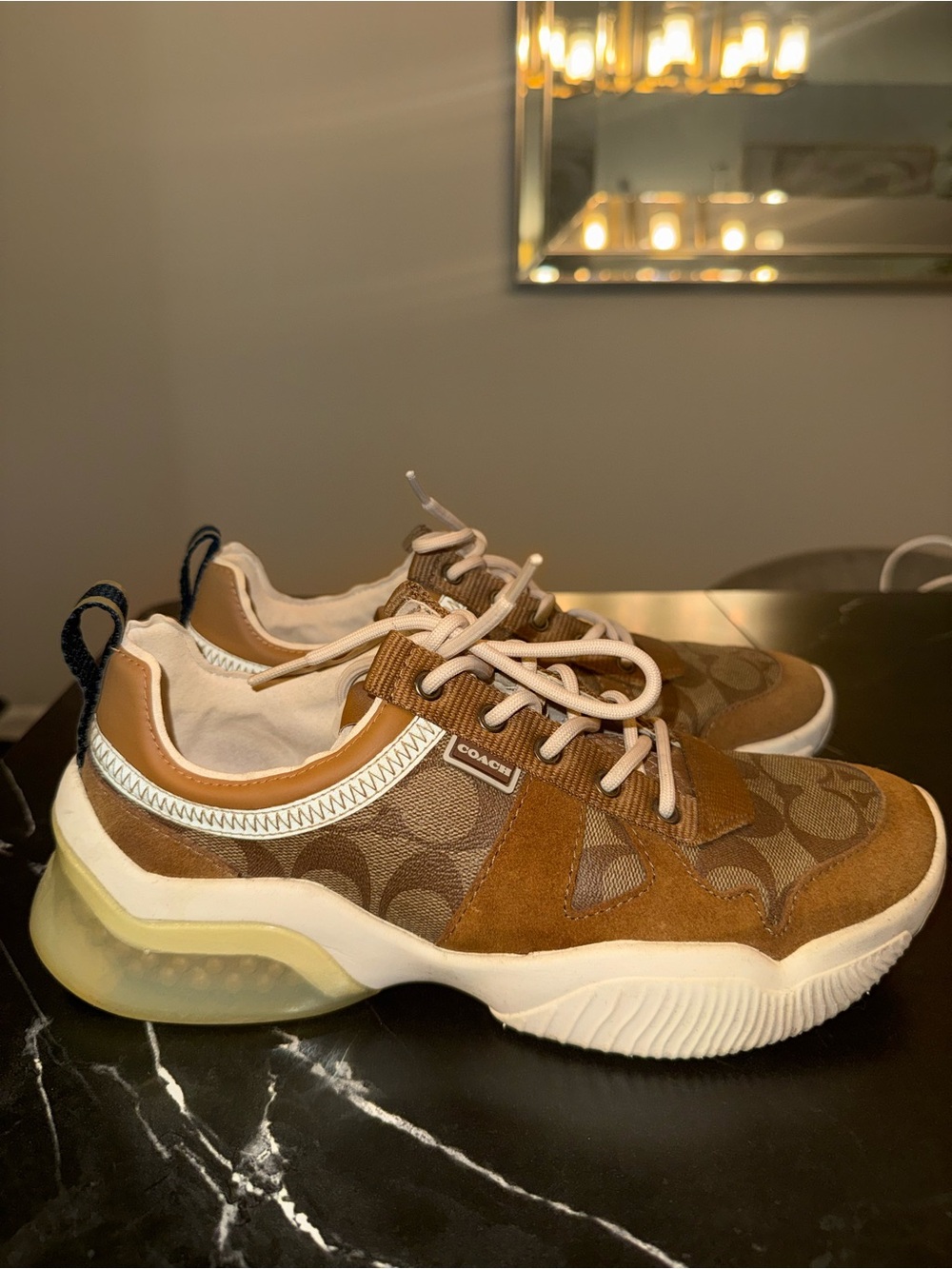 Coach Tan and Brown Signature Logo Platform Sneakers
